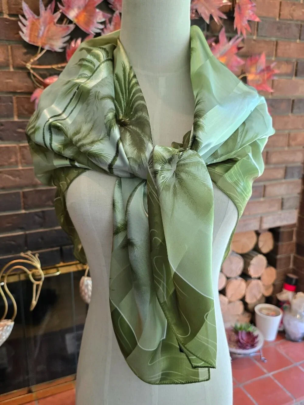 Vintage 100% Silk Scarf in Shades of Green, Palm Tree Motif - Picture 1 of 10